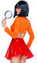 Mystery Solving Babe costume includes long sleeve crop top with keyhole front, clear red vinyl pleated mini skirt, and black frame glasses. Three piece set.