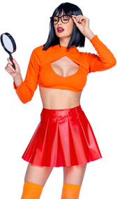 Mystery Solving Babe costume includes long sleeve crop top with keyhole front, clear red vinyl pleated mini skirt, and black frame glasses. Three piece set.