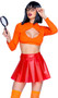 Mystery Solving Babe costume includes long sleeve crop top with keyhole front, clear red vinyl pleated mini skirt, and black frame glasses. Three piece set.