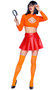 Mystery Solving Babe costume includes long sleeve crop top with keyhole front, clear red vinyl pleated mini skirt, and black frame glasses. Three piece set.