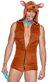 Mystery Pup costume includes sleeveless fleece short jumpsuit with attached dog hood featuring ears, snout and nose, attached stuffed tail and front zipper closure. Collar with detachable chain leash also included. Two piece set.
