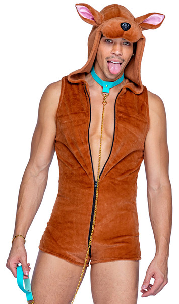 Mystery Pup costume includes sleeveless fleece short jumpsuit with attached dog hood featuring ears, snout and nose, attached stuffed tail and front zipper closure. Collar with detachable chain leash also included. Two piece set.