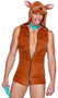 Mystery Pup costume includes sleeveless fleece short jumpsuit with attached dog hood featuring ears, snout and nose, attached stuffed tail and front zipper closure. Collar with detachable chain leash also included. Two piece set.