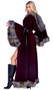 Red Riding Hood costume includes long floor length velvet coat with hood, faux fur trim, open flyaway front, bell sleeves, and front zipper closure.  High waisted shorts also included. Two piece set.