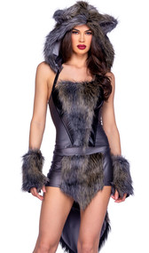 Big Bad Wolf costume includes corset top with faux fur front panel, halter style straps, attached faux fur hood with wolf ears, and lace up back closure. Matching mini skirt with faux fur front panel and large tail also included. Two piece set.