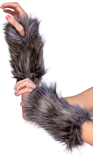 Faux fur wrist gloves with open fingers and hole for thumb. Pair.