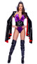 Evil Queen costume includes sleeveless velvet romper with contrast trim, clear shoulder straps and cut out V neckline. Vinyl shrug with tall collar, long draped sleeves and contrast under side also included. Tiara and waist cincher with chain accents, lace up back and front hook closure also included. Four piece set.