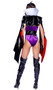 Evil Queen costume includes sleeveless velvet romper with contrast trim, clear shoulder straps and cut out V neckline. Vinyl shrug with tall collar, long draped sleeves and contrast under side also included. Tiara and waist cincher with chain accents, lace up back and front hook closure also included. Four piece set.