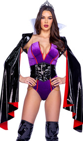 Evil Queen costume includes sleeveless velvet romper with contrast trim, clear shoulder straps and cut out V neckline. Vinyl shrug with tall collar, long draped sleeves and contrast under side also included. Tiara and waist cincher with chain accents, lace up back and front hook closure also included. Four piece set.