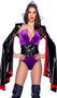 Evil Queen costume includes sleeveless velvet romper with contrast trim, clear shoulder straps and cut out V neckline. Vinyl shrug with tall collar, long draped sleeves and contrast under side also included. Tiara and waist cincher with chain accents, lace up back and front hook closure also included. Four piece set.