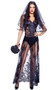 Graveyard Bride costume includes satin and sheer lace corset top with flower shaped hardware accents, underwire cups and back zipper closure. Matching long skirt with front slits and attached shorts also included. Sheer veil also included. Three piece set.