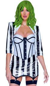 Beetle Bombshell costume includes vinyl corset top with contrast trim, front hook opening, and lace up back. Striped shrug with three quarter long sleeves and matching garter skirt also included. Three piece set.