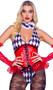 Harley Gaga costume includes sleeveless diamond print romper with deep V neckline and wide shoulder straps. Vinyl waist cincher with ruffle trim, lace up front and back zipper closure also included. Ruffle collar also included. Three piece set.
