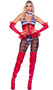 Harley Gaga costume includes sleeveless diamond print romper with deep V neckline and wide shoulder straps. Vinyl waist cincher with ruffle trim, lace up front and back zipper closure also included. Ruffle collar also included. Three piece set.