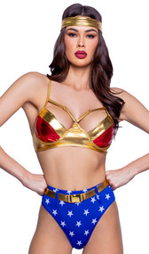 Woman Power costume includes metallic bra top with strappy demi cups, adjustable shoulder straps and hook and eye back closure. Matching headband and belt also included. High waisted star print shorts also included. Four piece set.