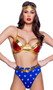 Woman Power costume includes metallic bra top with strappy demi cups, adjustable shoulder straps and hook and eye back closure. Matching headband and belt also included. High waisted star print shorts also included. Four piece set.