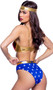 Woman Power costume includes metallic bra top with strappy demi cups, adjustable shoulder straps and hook and eye back closure. Matching headband and belt also included. High waisted star print shorts also included. Four piece set.
