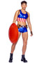 Hunky American Hero costume includes vinyl cropped tank top with star and stripe design, matching shorts with snap closure, harness and utility belt with pockets. Four piece set.