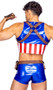 Hunky American Hero costume includes vinyl cropped tank top with star and stripe design, matching shorts with snap closure, harness and utility belt with pockets. Four piece set.