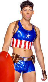 Hunky American Hero costume includes vinyl cropped tank top with star and stripe design, matching shorts with snap closure, harness and utility belt with pockets. Four piece set.