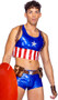 Hunky American Hero costume includes vinyl cropped tank top with star and stripe design, matching shorts with snap closure, harness and utility belt with pockets. Four piece set.
