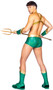Aqua Hunk costume includes metallic scale print harness with front buckle closure and back O ring detail and matching shorts. Studded gold belt with hook and loop back closure and matching arm cuffs also included. Four piece set.