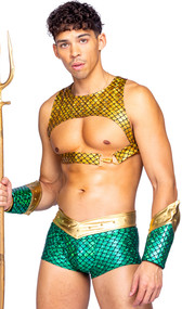 Aqua Hunk costume includes metallic scale print harness with front buckle closure and back O ring detail and matching shorts. Studded gold belt with hook and loop back closure and matching arm cuffs also included. Four piece set.