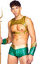 Aqua Hunk costume includes metallic scale print harness with front buckle closure and back O ring detail and matching shorts. Studded gold belt with hook and loop back closure and matching arm cuffs also included. Four piece set.