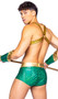 Aqua Hunk costume includes metallic scale print harness with front buckle closure and back O ring detail and matching shorts. Studded gold belt with hook and loop back closure and matching arm cuffs also included. Four piece set.