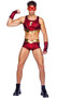 Thunderbolt Hero costume includes cropped tank top with gold lightning bolt detail, matching shorts, belt and eye mask. Four piece set.