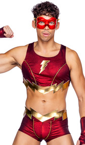 Thunderbolt Hero costume includes cropped tank top with gold lightning bolt detail, matching shorts, belt and eye mask. Four piece set.