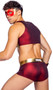 Thunderbolt Hero costume includes cropped tank top with gold lightning bolt detail, matching shorts, belt and eye mask. Four piece set.