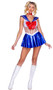 Moonlanding Sailor costume includes sleeveless mini dress with sheer midsection and back, attached vinyl sailor bib and skirt, and oversized red vinyl bow. Choker with moon and star charm also included. Two piece set.
