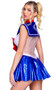 Moonlanding Sailor costume includes sleeveless mini dress with sheer midsection and back, attached vinyl sailor bib and skirt, and oversized red vinyl bow. Choker with moon and star charm also included. Two piece set.