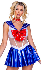 Moonlanding Sailor costume includes sleeveless mini dress with sheer midsection and back, attached vinyl sailor bib and skirt, and oversized red vinyl bow. Choker with moon and star charm also included. Two piece set.