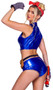 We Can Do It Babe costume includes vinyl sleeveless crop top with collar and front zipper closure with matching shorts. Polka dot bandana, tool belt and gloves also included. Five piece set.