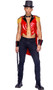 Dark Circus Master costume includes vinyl sleeveless jacket with long coattails, collar and lapels, faux button accents, and fringe epaulettes. Vinyl shorts, bowtie, top hat and whip also included. Five piece set.