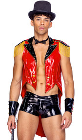 Dark Circus Master costume includes vinyl sleeveless jacket with long coattails, collar and lapels, faux button accents, and fringe epaulettes. Vinyl shorts, bowtie, top hat and whip also included. Five piece set.