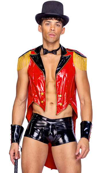 Dark Circus Master costume includes vinyl sleeveless jacket with long coattails, collar and lapels, faux button accents, and fringe epaulettes. Vinyl shorts, bowtie, top hat and whip also included. Five piece set.