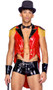 Dark Circus Master costume includes vinyl sleeveless jacket with long coattails, collar and lapels, faux button accents, and fringe epaulettes. Vinyl shorts, bowtie, top hat and whip also included. Five piece set.