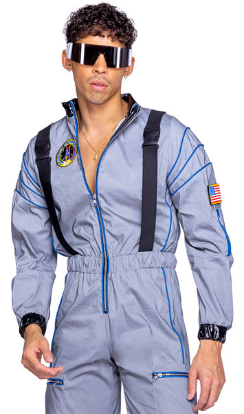 Astronaut Hunk costume includes reflective jumpsuit features attached straps with parachute buckles, mock neck, front zipper closure, patches, and zippered pockets. One piece.