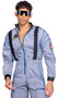 Astronaut Hunk costume includes reflective jumpsuit features attached straps with parachute buckles, mock neck, front zipper closure, patches, and zippered pockets. One piece.