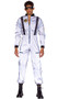 Astronaut Hunk costume includes reflective jumpsuit features attached straps with parachute buckles, mock neck, front zipper closure, patches, and zippered pockets. One piece.