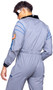 Astronaut Hunk costume includes reflective jumpsuit features attached straps with parachute buckles, mock neck, front zipper closure, patches, and zippered pockets. One piece.