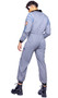 Astronaut Hunk costume includes reflective jumpsuit features attached straps with parachute buckles, mock neck, front zipper closure, patches, and zippered pockets. One piece.