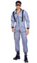 Astronaut Hunk costume includes reflective jumpsuit features attached straps with parachute buckles, mock neck, front zipper closure, patches, and zippered pockets. One piece.
