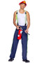 Fireman Hunk costume includes pants with safety striped sides, matching adjustable suspenders and snap closure. Red fire helmet style hat also included. Two piece set.