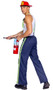 Fireman Hunk costume includes pants with safety striped sides, matching adjustable suspenders and snap closure. Red fire helmet style hat also included. Two piece set.