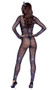 Sparkling Webbed Vixen costume includes long sleeve sheer catsuit featuring metallic printed spiderweb pattern, attached gloves with open thumb, mock neck, and back zipper closure.