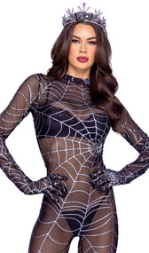 Sparkling Webbed Vixen costume includes long sleeve sheer catsuit featuring metallic printed spiderweb pattern, attached gloves with open thumb, mock neck, and back zipper closure.